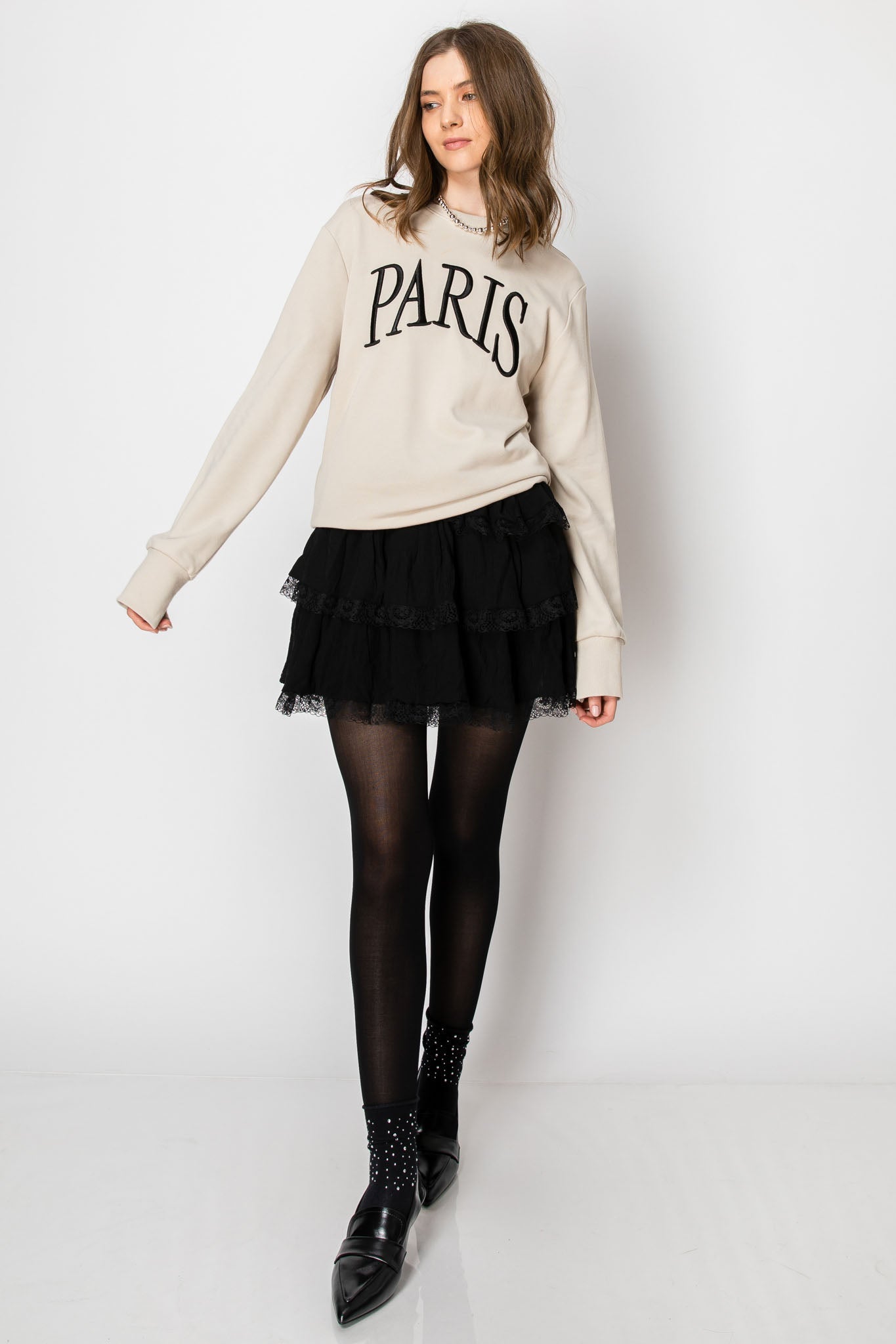 Paris Embroidered Long Sleeve Crew Neck French Terry Sweatshirt