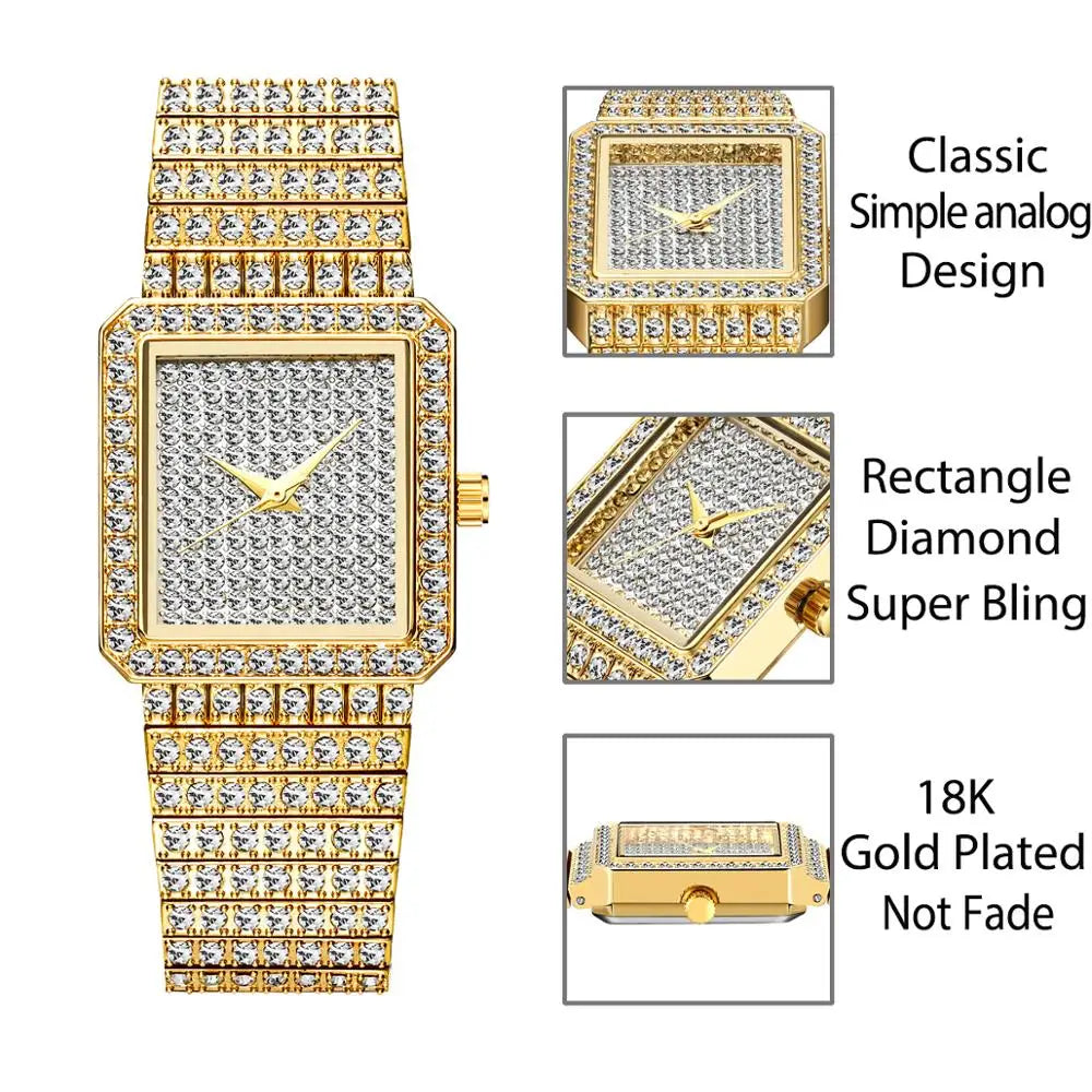 Diamond Watch for Women Luxury Brand Ladies Gold Square Watch