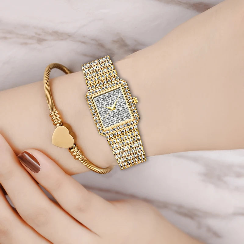 Diamond Watch for Women Luxury Brand Ladies Gold Square Watch