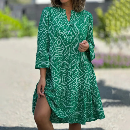 Women Floral Print Maxi Dress Fashion Casual V Neck Long Dress Plus Size Summer Boho Dress Ruffle Three Quarter Sleeves Dresses