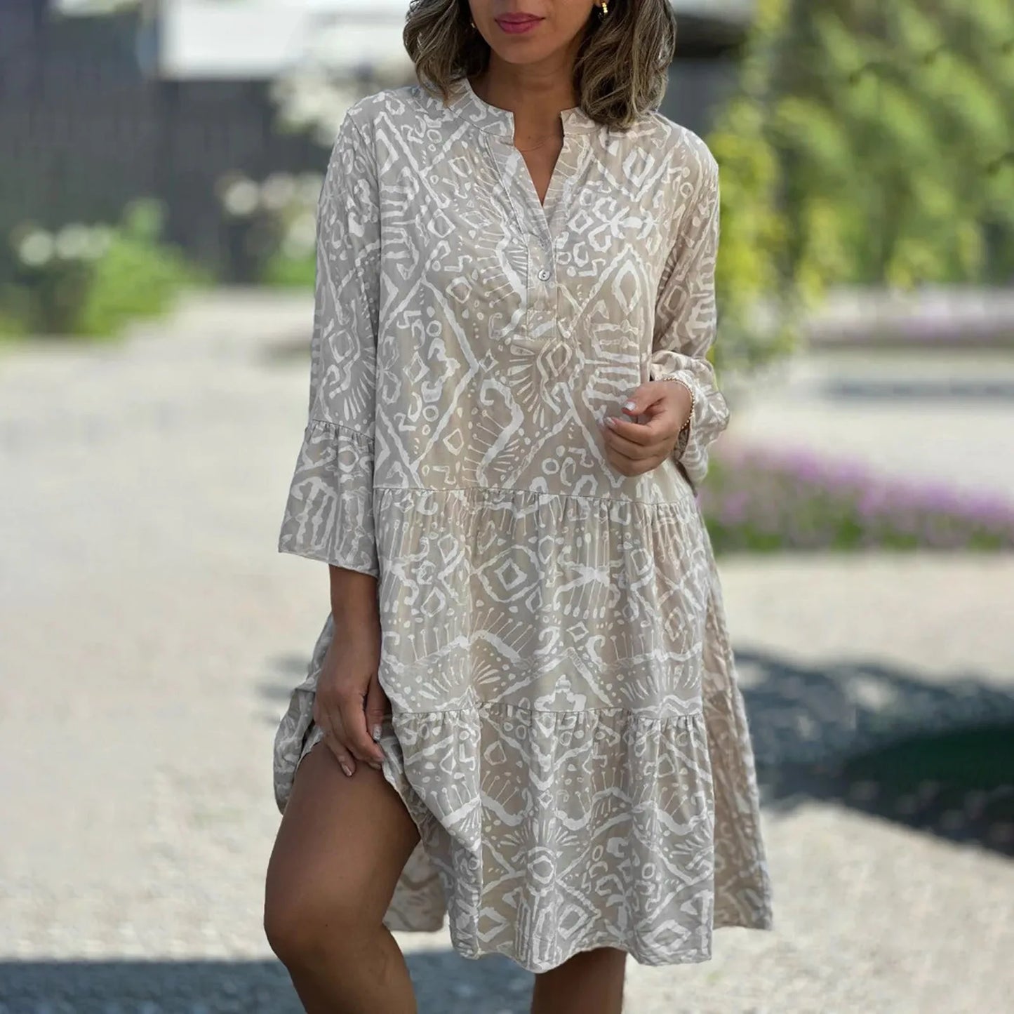 Women Floral Print Maxi Dress Fashion Casual V Neck Long Dress Plus Size Summer Boho Dress Ruffle Three Quarter Sleeves Dresses