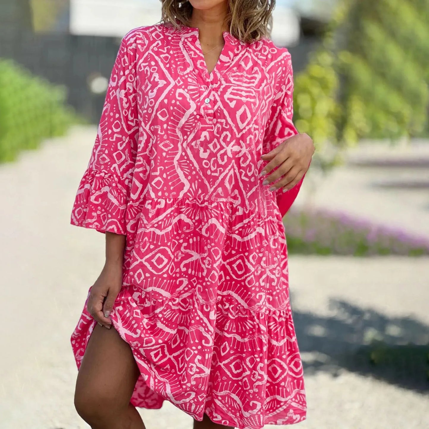 Women Floral Print Maxi Dress Fashion Casual V Neck Long Dress Plus Size Summer Boho Dress Ruffle Three Quarter Sleeves Dresses