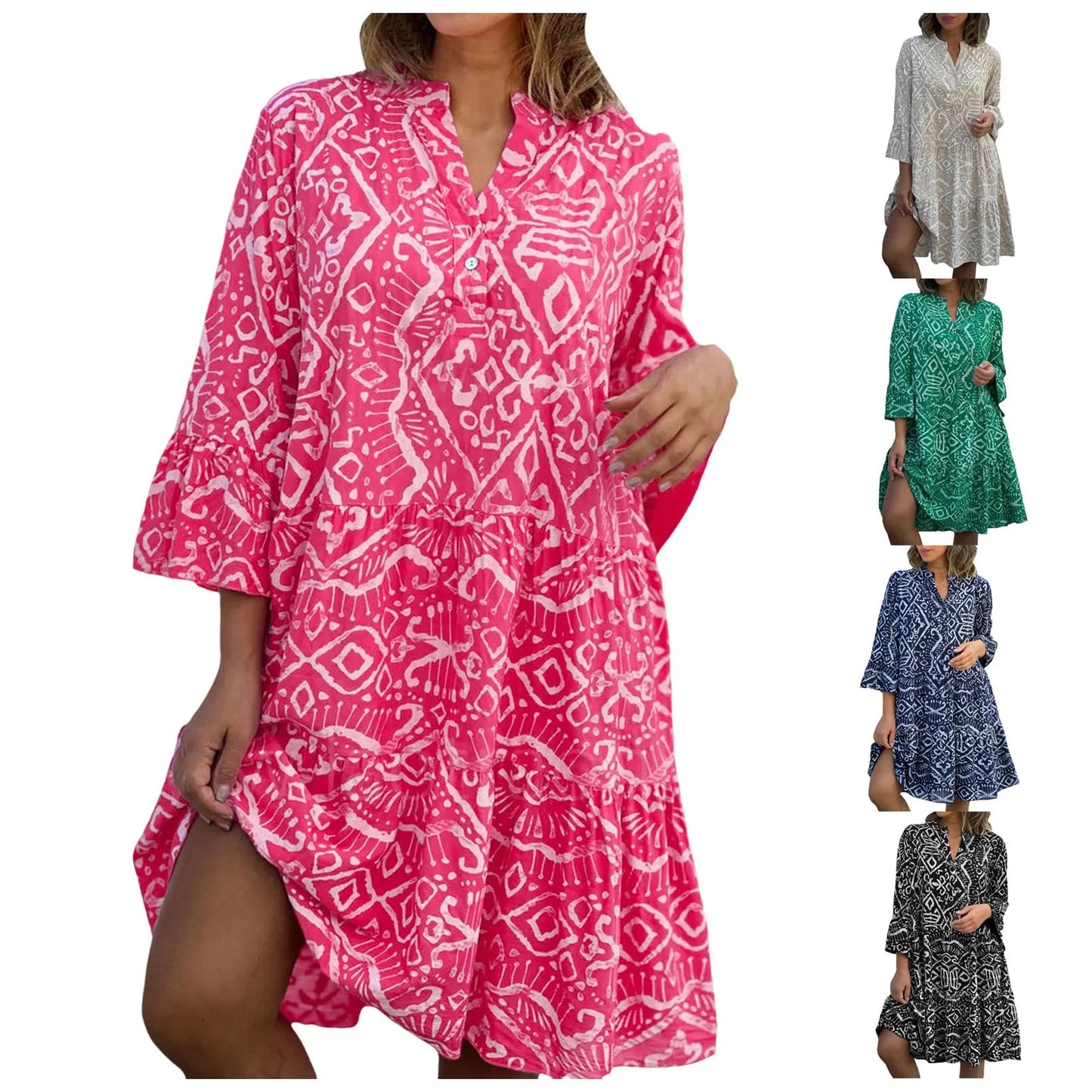 Women Floral Print Maxi Dress Fashion Casual V Neck Long Dress Plus Size Summer Boho Dress Ruffle Three Quarter Sleeves Dresses