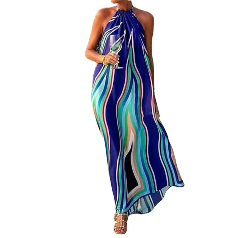 BAMBOOBOY Women Sleeveless Casual Bohemian Long Dress Print Big Hem Summer Pleated Holiday Beach Loose Halter Beach Sundress